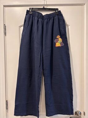 Navy Wide-Leg Casual Sweatpants with Embroidered Patch